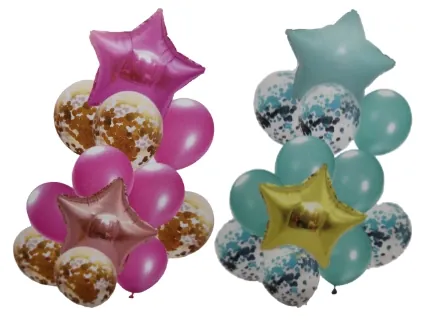 KIT BUQUE C/ 12 BALÕES SENDO 2 METALIZADOS - 5 LATEX - 5 LATEX C/ CONFETE