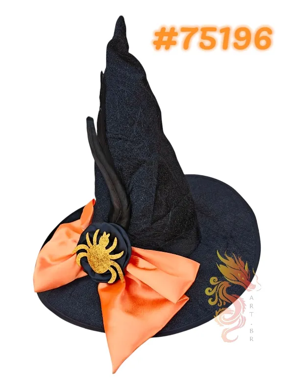 CHAPÉU DE BRUXA C/ LAÇO DECORADO E PENA