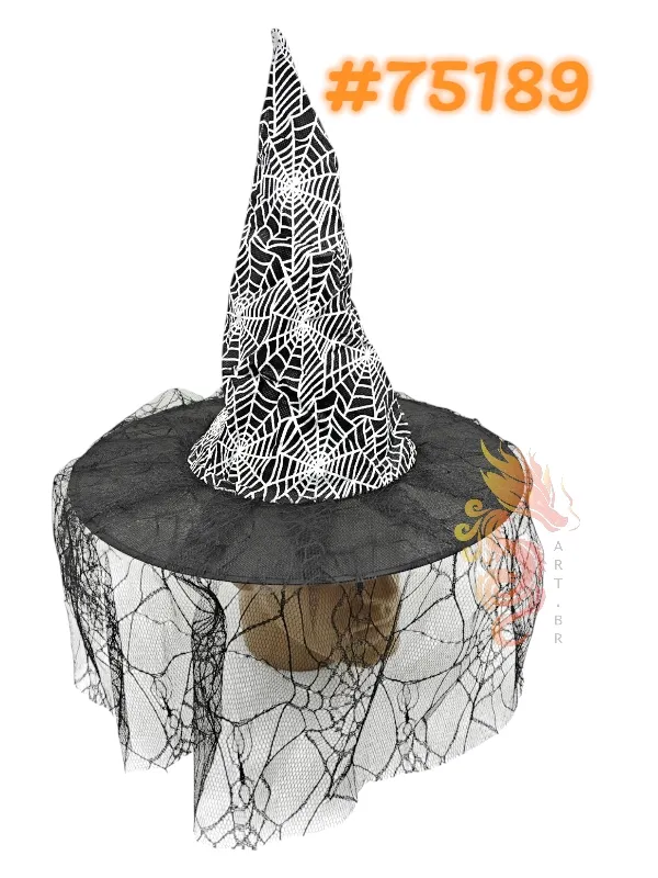 CHAPÉU DE BRUXA C/ TEIA DE ARANHA E VÉU DE RENDA