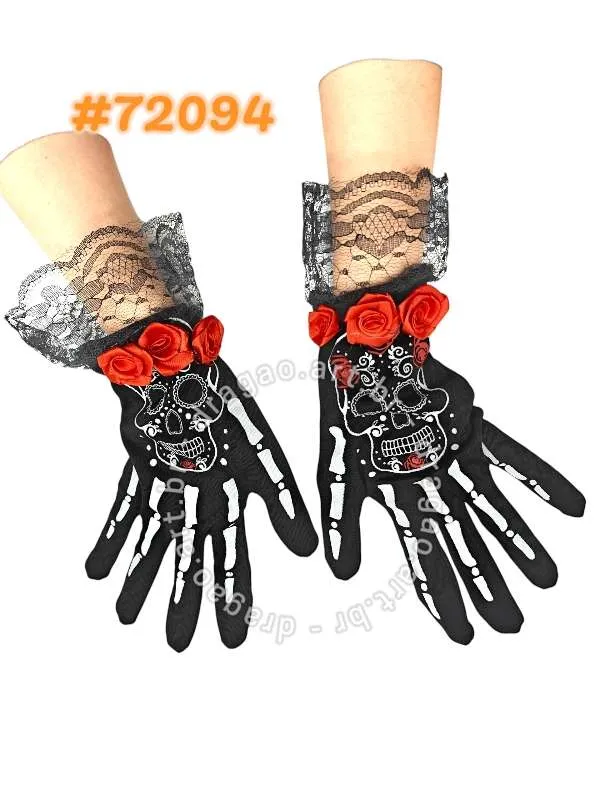 LUVA DE ESQUELETO COM ROSA (PAR)